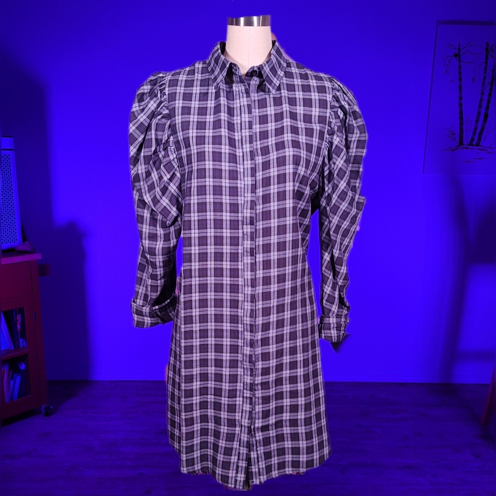 WORN ONCE ASOS BooHoo Blue Plaid Leg of Mutton Sleeve Buttondown Shirt Dress 80s - Picture 1 of 9